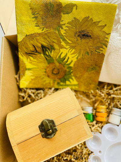 World artist collection [Inspired by Artist Vincent Van Goh]/ Play date  kit: Painting Sunflower in 3D plaster & tissue flower art in wooden box kit